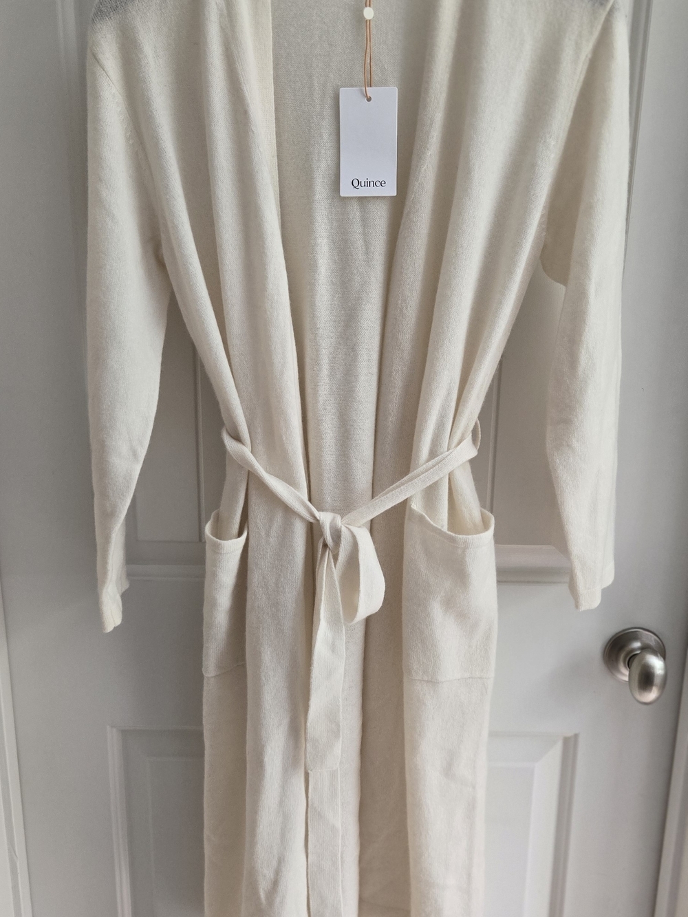 Quince Cream Long Sweater with Tie Belt